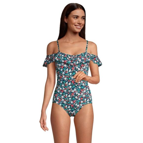 Lands' End Tummy Control Ruffle Off the Shoulder One Piece Swimsuit size 8 Long - Picture 1 of 7